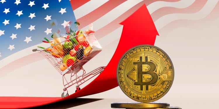 Bitcoin, carrito de supermercado en subida representando la inflación y bandera de EE. UU.