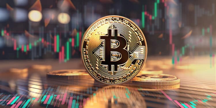 moneda d ebitcoin sobre pantalla con grafico de precio reflejado en pantalla y en el fondo