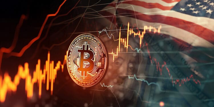 moneda de bitcoin en grafico de precio cambiante con bandera de estados unidos y billete de dolar en el fondo
