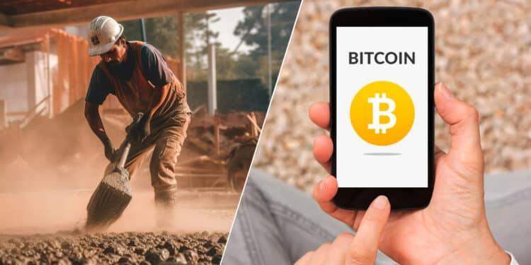 Obrero trabajando y bitcoin.