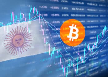 Bandera de Argentina, bitcoin y bolsa de valores.