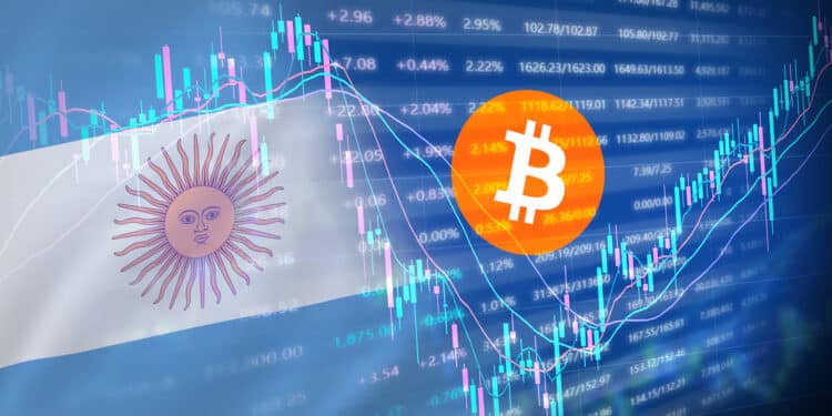 Bandera de Argentina, bitcoin y bolsa de valores.