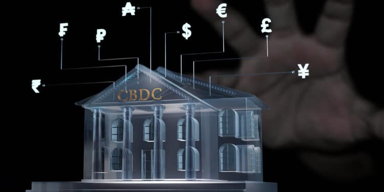 banco de CBDC con simbolos de monedas mundiales y mano acechando en el fondo