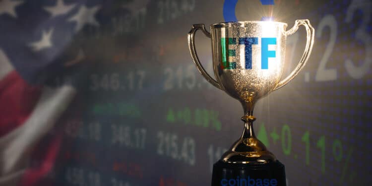trofeo de ETF con logo de coinbase en base con grafico de precio y bandera de los estados unidos en el fondo