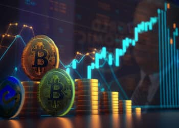 monedas de bitcoin, bitcoin cash y e-cash sobre monedas apiladas con grafico de precio en alza en pantalla de fondo con Larry fink reflejado