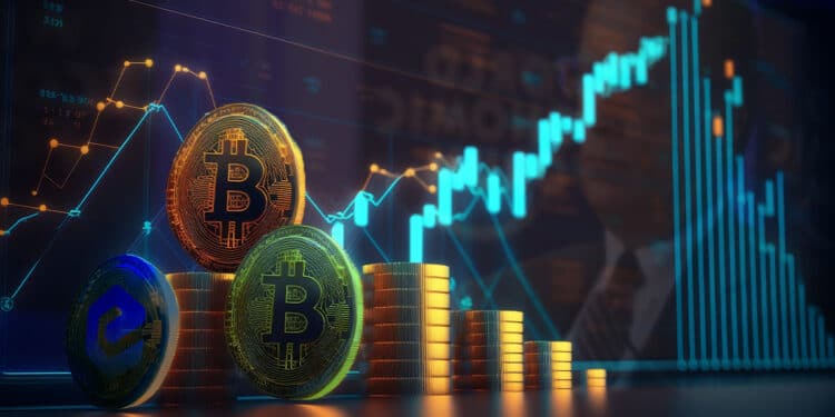 monedas de bitcoin, bitcoin cash y e-cash sobre monedas apiladas con grafico de precio en alza en pantalla de fondo con Larry fink reflejado