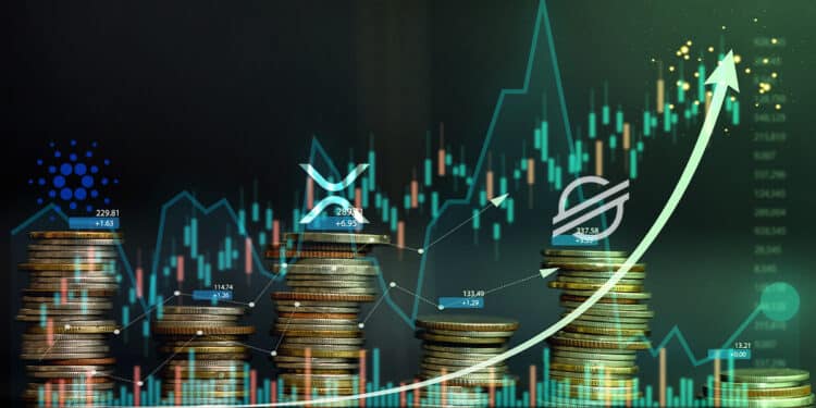monedas apiladas con grafico de precio ascendente y flecha señalando crecimiento