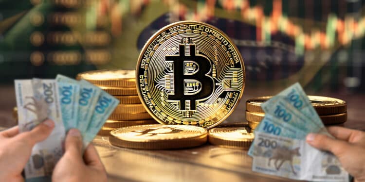 manos ofreciendo billetes de riales brasileros a moneda de bitcoin entre monedas apiladas con grafico de precio y bandera de Brasil en el fondo