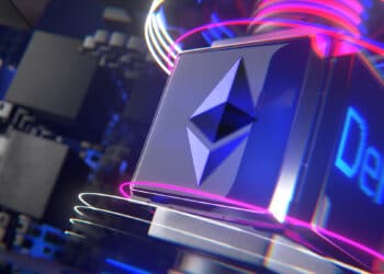 logo de ethereum en bloque digital con DeFi a un lado y bloques digitales en el fondo