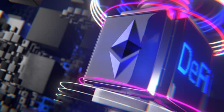 logo de ethereum en bloque digital con DeFi a un lado y bloques digitales en el fondo