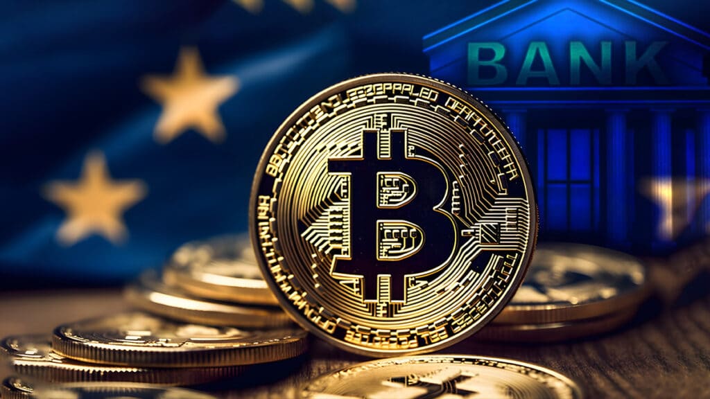 monedas de bitcoin sobre mesa con bandera de europa y edificación de bitcoin en el fondo