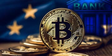 monedas de bitcoin sobre mesa con bandera de europa y edificación de bitcoin en el fondo
