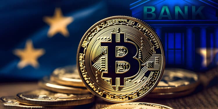 monedas de bitcoin sobre mesa con bandera de europa y edificación de bitcoin en el fondo
