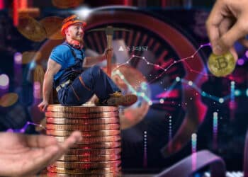 minero sentado sobre monedas apiladas observando una transaccion de bitcoin entre manos con grafico alcista y monedas vayendo detrás