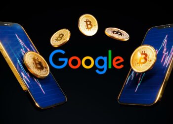 transacción de criptomonedas y logo de Google.