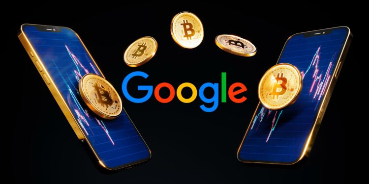 transacción de criptomonedas y logo de Google.