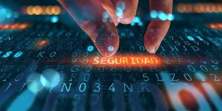 mano tocando codigo de seguridad en rojo en pantalla digital con logo de huobi