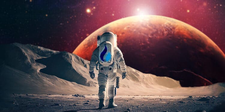 astronauta con logo de Huobi en traje con vision de marte desde el espacio