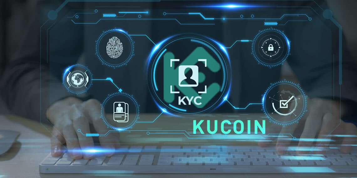 persona actualizando datos kyc de usuario en pantalla digital con logo de KuCoin