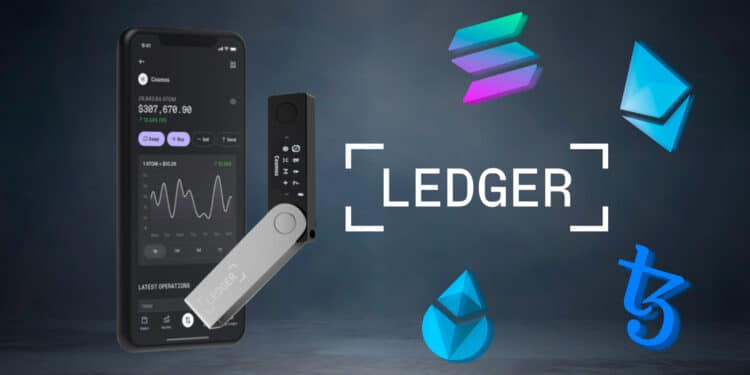 Logo de Ledger Live y criptomonedas.