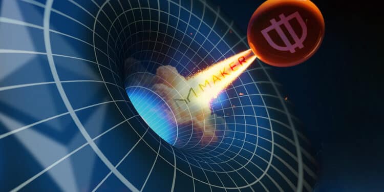 Token de Dai propulsado por explosion con logo de Maker Dao saliendo de vortice digital con logo de ethereum