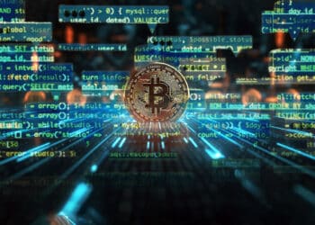 moneda de bitcoin en red con cuadros de mensajes encriptados en codigo alrededor