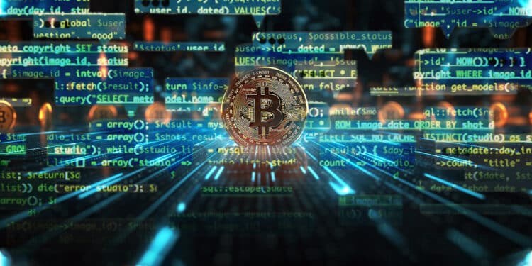 moneda de bitcoin en red con cuadros de mensajes encriptados en codigo alrededor