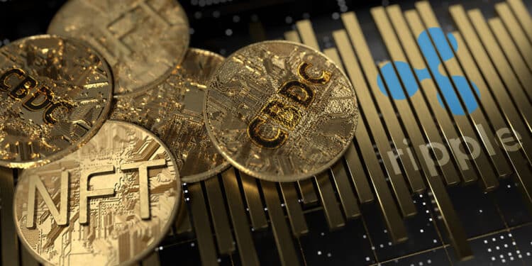 monedas de NFT y CBDC sobre superficie metalica con logo de Ripple grabado