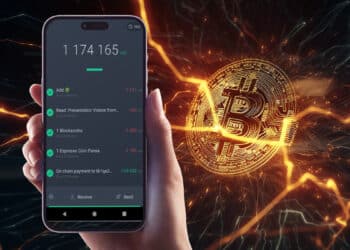 mano sostiene telefono movil con wallet de Phoenix con moneda de bitcoin y relampagos en el fondo