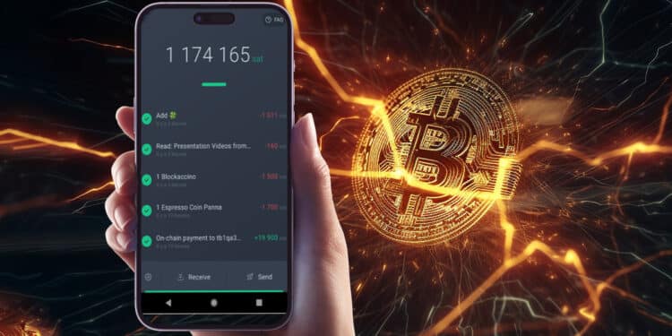 mano sostiene telefono movil con wallet de Phoenix con moneda de bitcoin y relampagos en el fondo