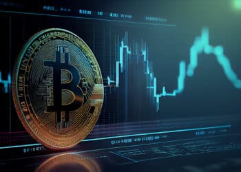 moneda de bitcoin sobre pantalla con graficos de precio en el fondo
