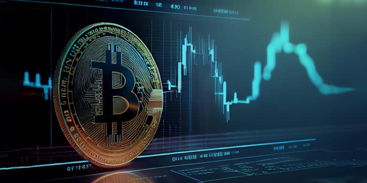 moneda de bitcoin sobre pantalla con graficos de precio en el fondo