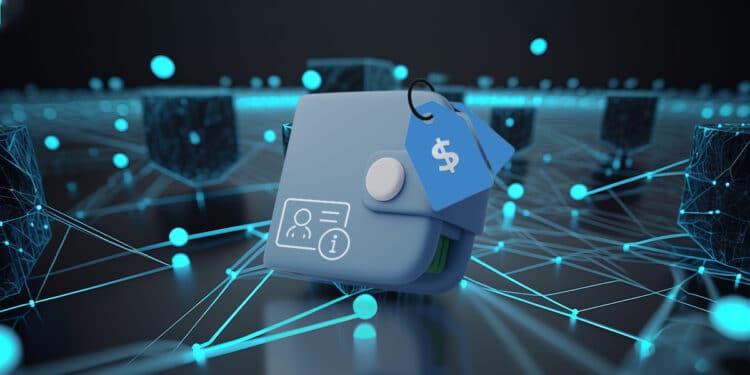 billetera con información de usuario y etiqueta de precio entre red de bloques