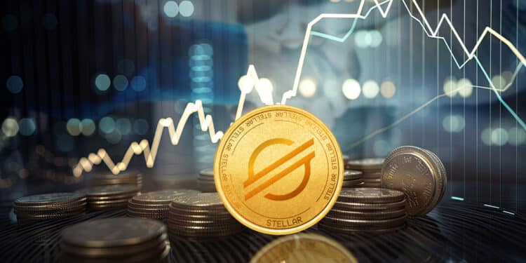 moneda de stellar entre monedas apiladas con grafico de precio y personas estrechando sus manos en el fondo