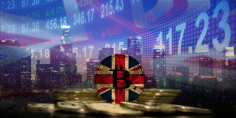 moneda de bitcoin con bandera de reino unido con grafico de pmercado en el fondo y bandera de reino unido