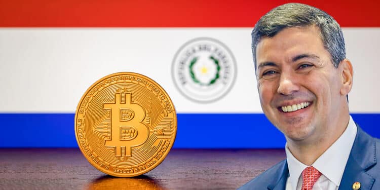 Santiago Peña, bitcoin y bandera de Paraguay.