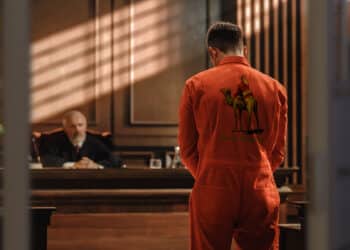hombre con uniforme de prision con logo de silk road en la espalda en juicio con reja de prision cerrandose