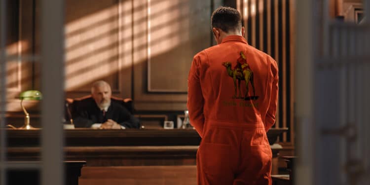hombre con uniforme de prision con logo de silk road en la espalda en juicio con reja de prision cerrandose