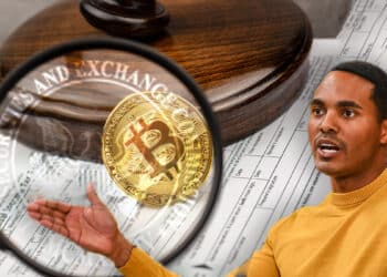 Ritchie Torres señalando lupa con logo de la SEC enfocando moneda de bitcoin sobre documento legal