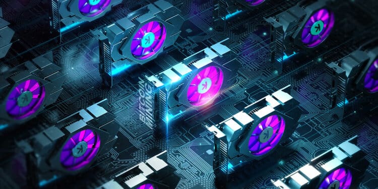 tarjetas de gpu en linea con logo de kaspa