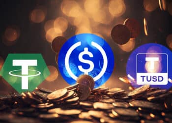 logos de las stablecoins tether, USDC y TrueUSD entre monedas apiladas y monedas cayendo en el fondo