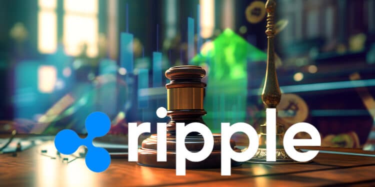 logo de Ripple sobre escritorio con martillo de juez, con grafico alcista de precio y criptomonedas subiendo junto a flecha en el fondo