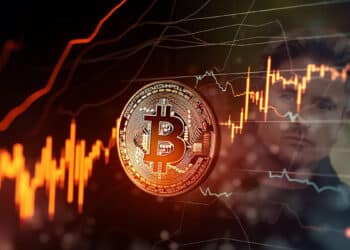 moneda de bitcoin con grafico de precio en alza y analista de mercados Justin Ward en el fondo
