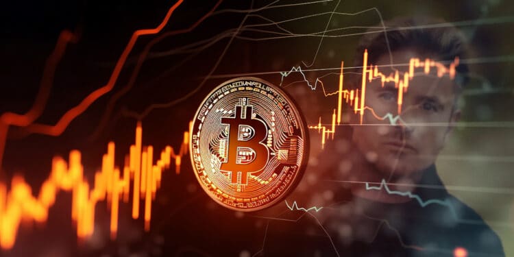 moneda de bitcoin con grafico de precio en alza y analista de mercados Justin Ward en el fondo