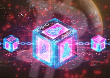bloque gigante de blockchain con imagenes nft ordinals conectado a bloques pequeños con cadena digital con red y logo de bitcoin en el fondo