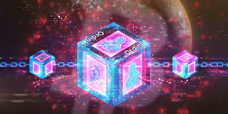 bloque gigante de blockchain con imagenes nft ordinals conectado a bloques pequeños con cadena digital con red y logo de bitcoin en el fondo
