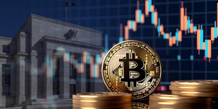 moneda de bitcoin con imagen de la reserva federal y grafico de precio en el fondo