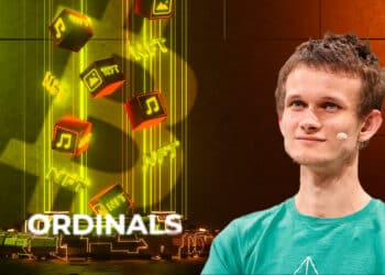 vitalik buterin con red de nft ordinals de bitcoin en el fondo