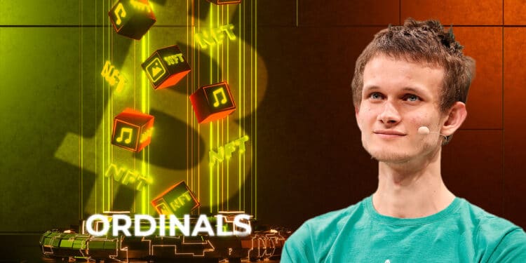vitalik buterin con red de nft ordinals de bitcoin en el fondo