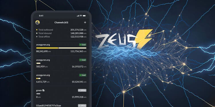 telefono movil con wallet de bitcoin zeuz en pantalla con red de relampagos interconectados con logo de Zeuz en el centro